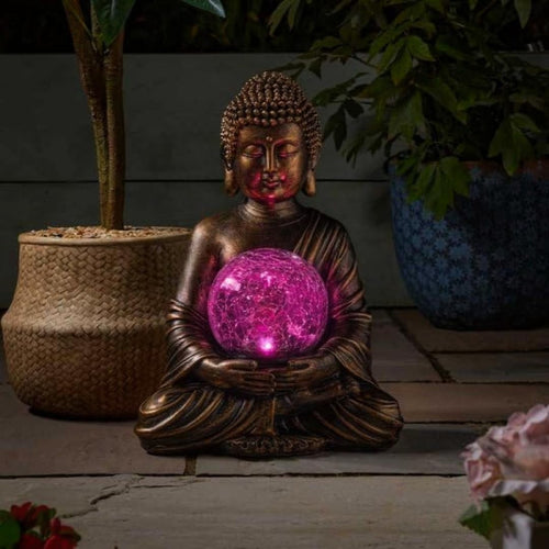 Solar Buddha Garden Statue with LED Crackle Ball Outdoor Zen Patio Ornament