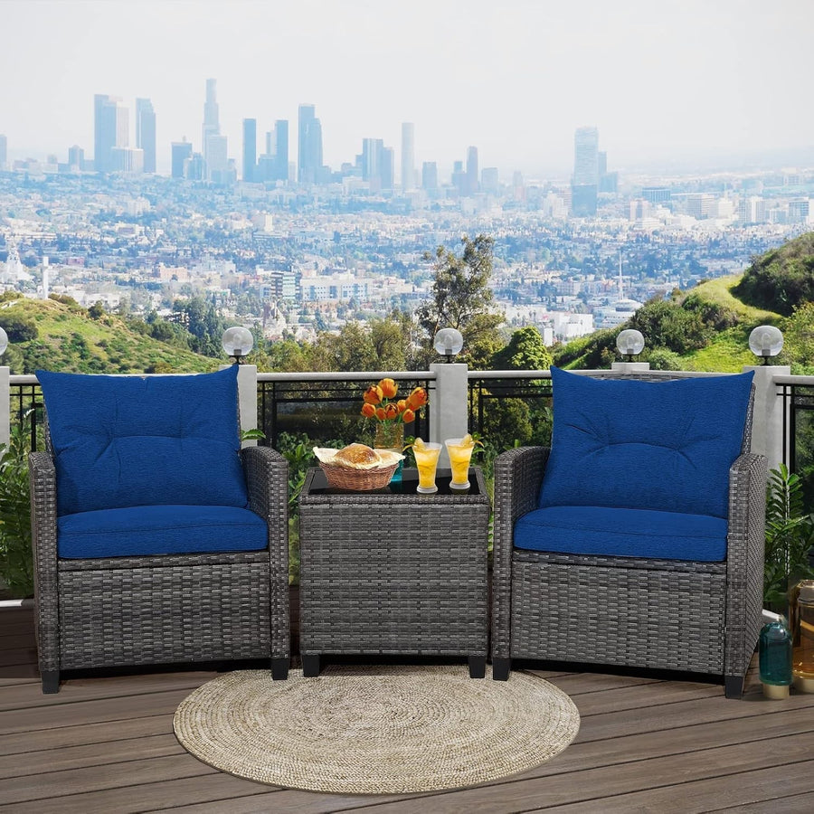 3PC Rattan Garden Bistro Set Chairs Table Cushions Patio Balcony Navy Set