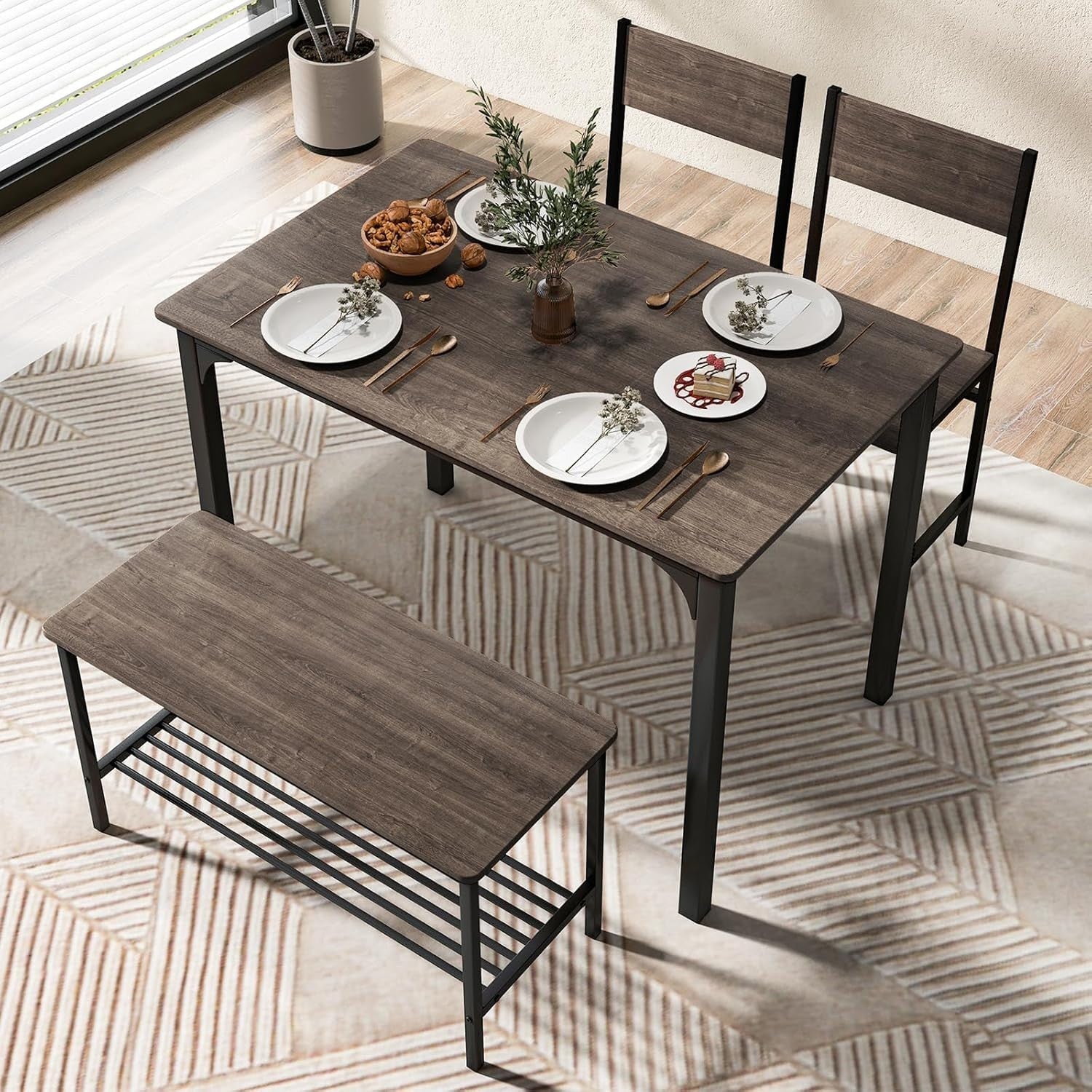Industrial 4-Piece Dining Set with Bench & Storage Rack – Compact & Stylish