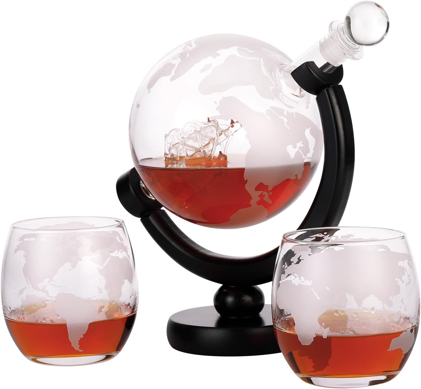 Whiskey Globe Decanter Set 850ml with Stand, 2 Glasses & Keychain Opener