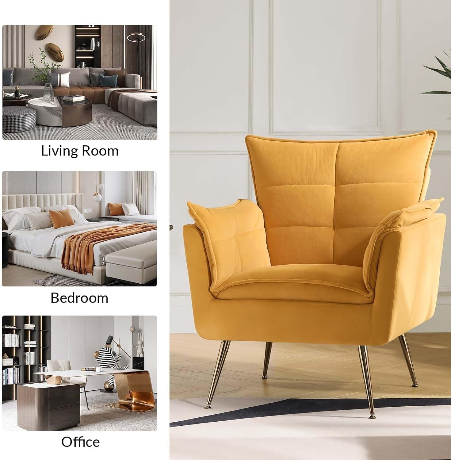 Set of 2 Yellow Modern Tub Chairs Gold Legs Upholstered Lounge Accent
