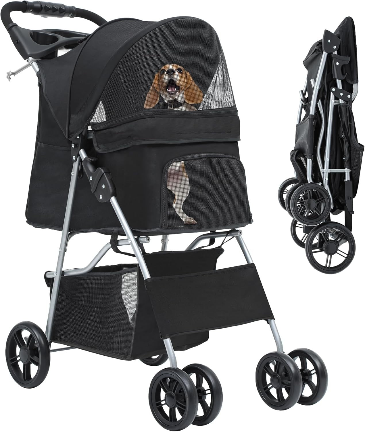 Black 4 Wheel Dog Stroller Folding Pet Pushchair Cup Holder Storage Basket