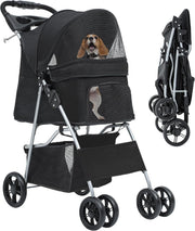 Black 4 Wheel Dog Stroller Folding Pet Pushchair Cup Holder Storage Basket