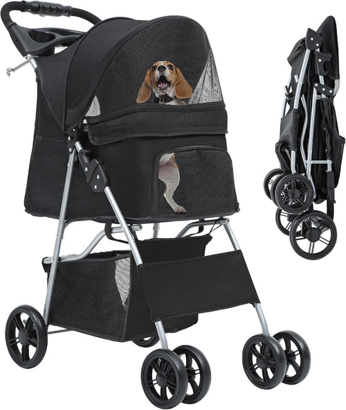 Black 4 Wheel Dog Stroller Folding Pet Pushchair Cup Holder Storage Basket