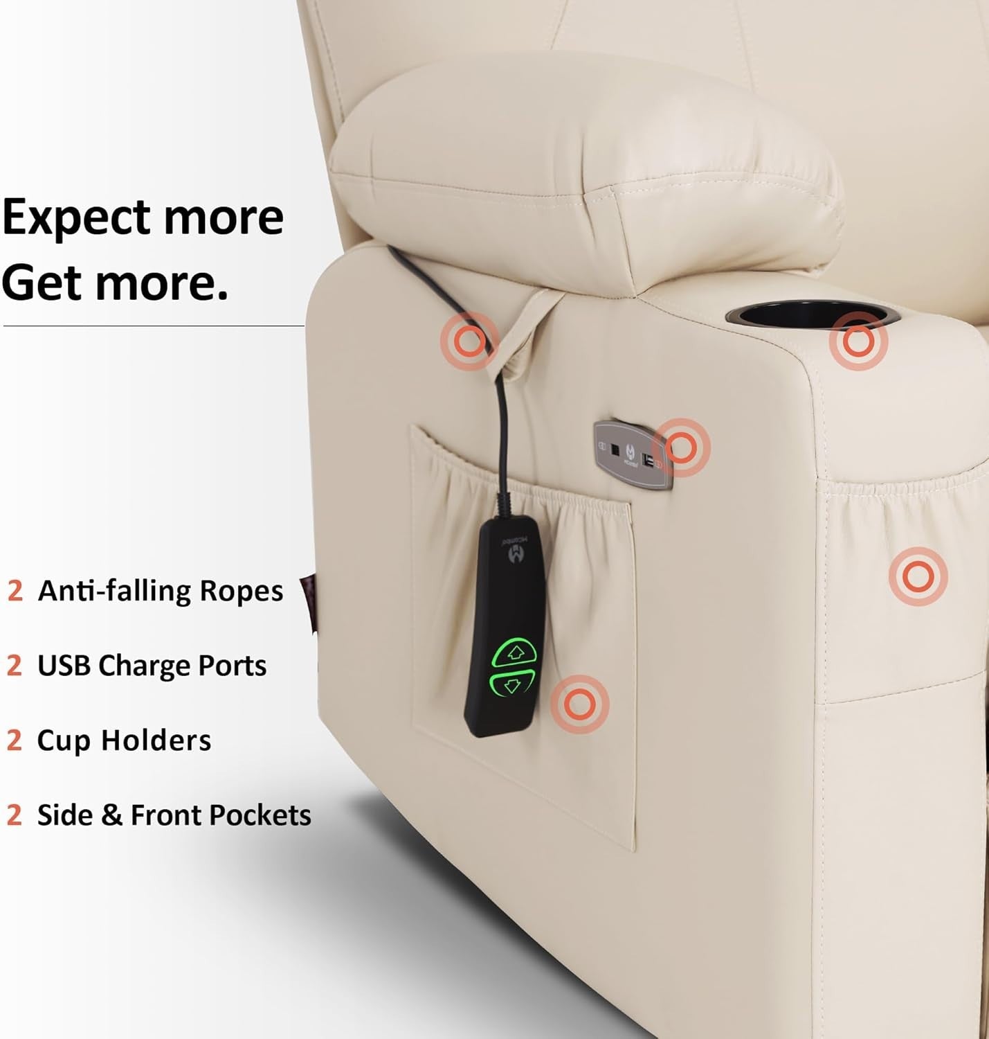 Cream Riser Recliner Chair Lift Assist Heated Massage USB Faux Leather