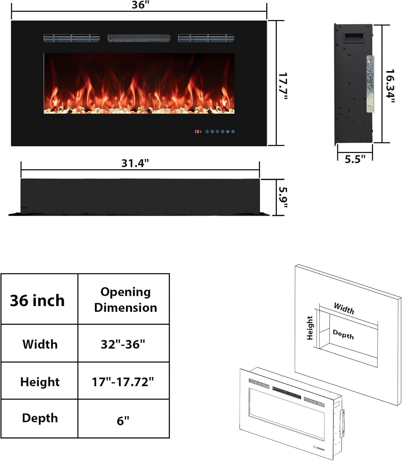 36” Wall Recessed Electric Fireplace Heater Remote Timer LED Flame