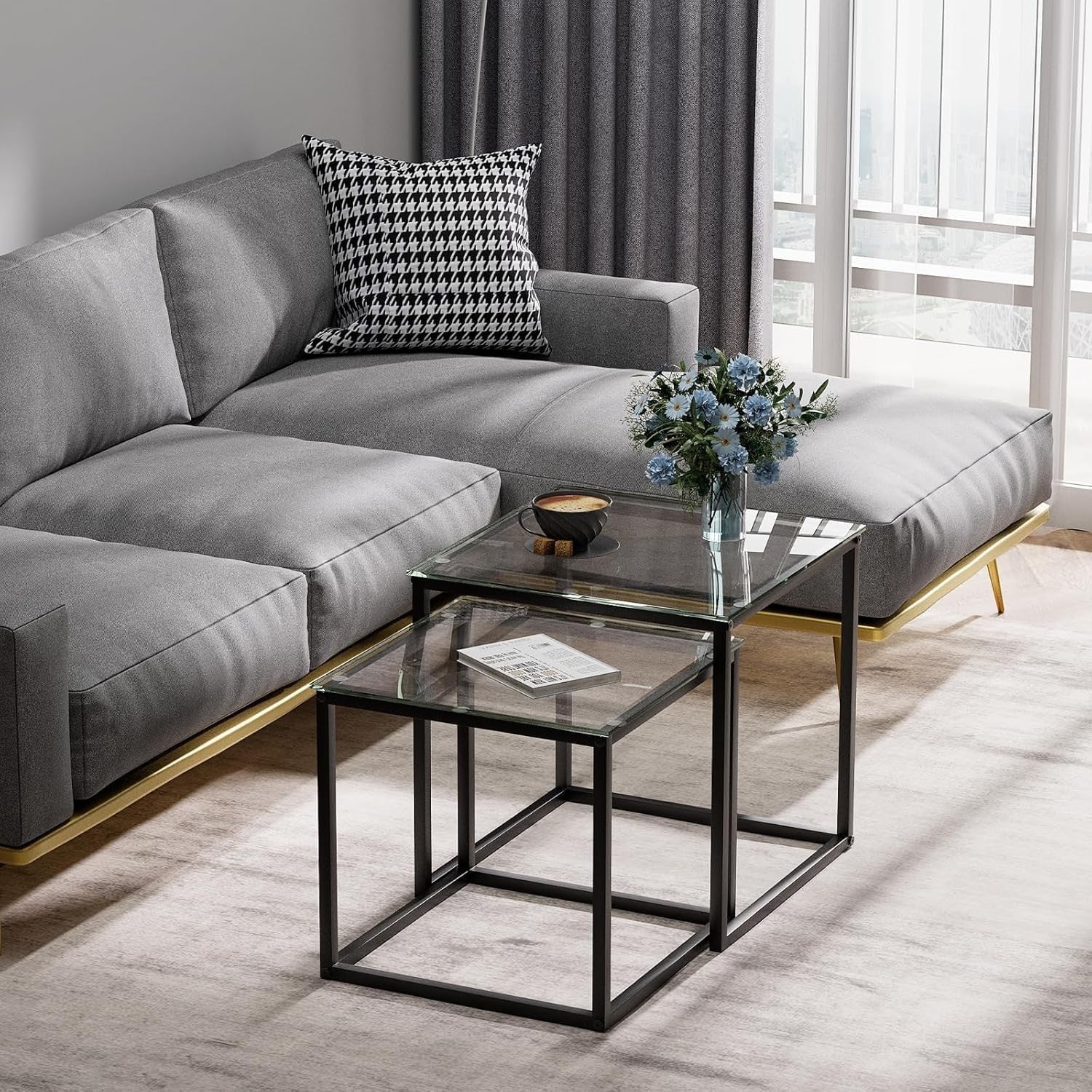 Modern Nesting Coffee Table Set Black Glass End Tables Metal Frame Square
