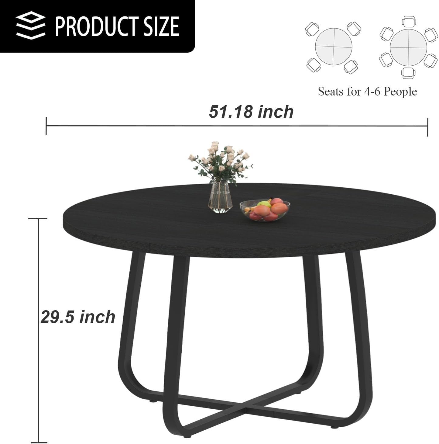 Round Black Dining Table 4-6 Seater Wood Metal Kitchen Home 130cm