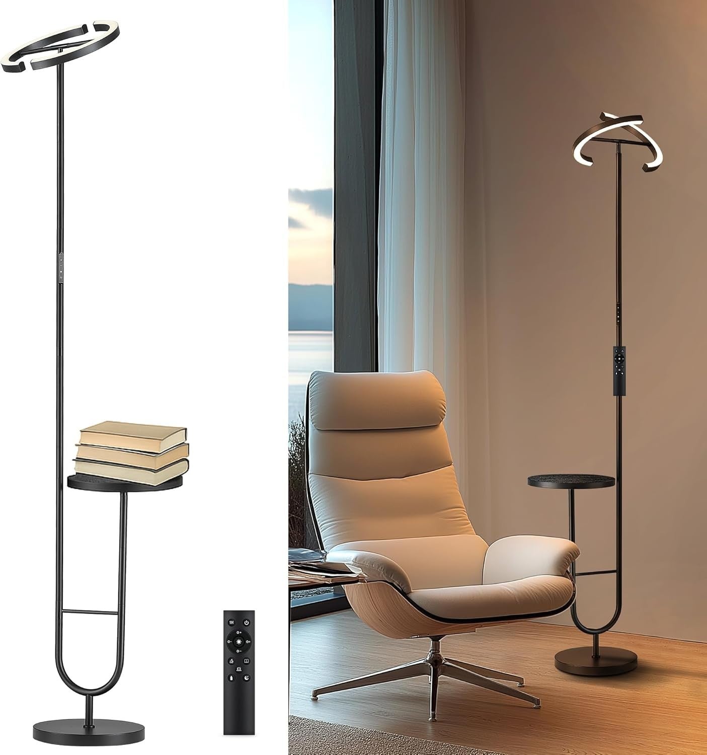 Modern LED Floor Lamp with Shelf & Remote | Dimmable Corner Light
