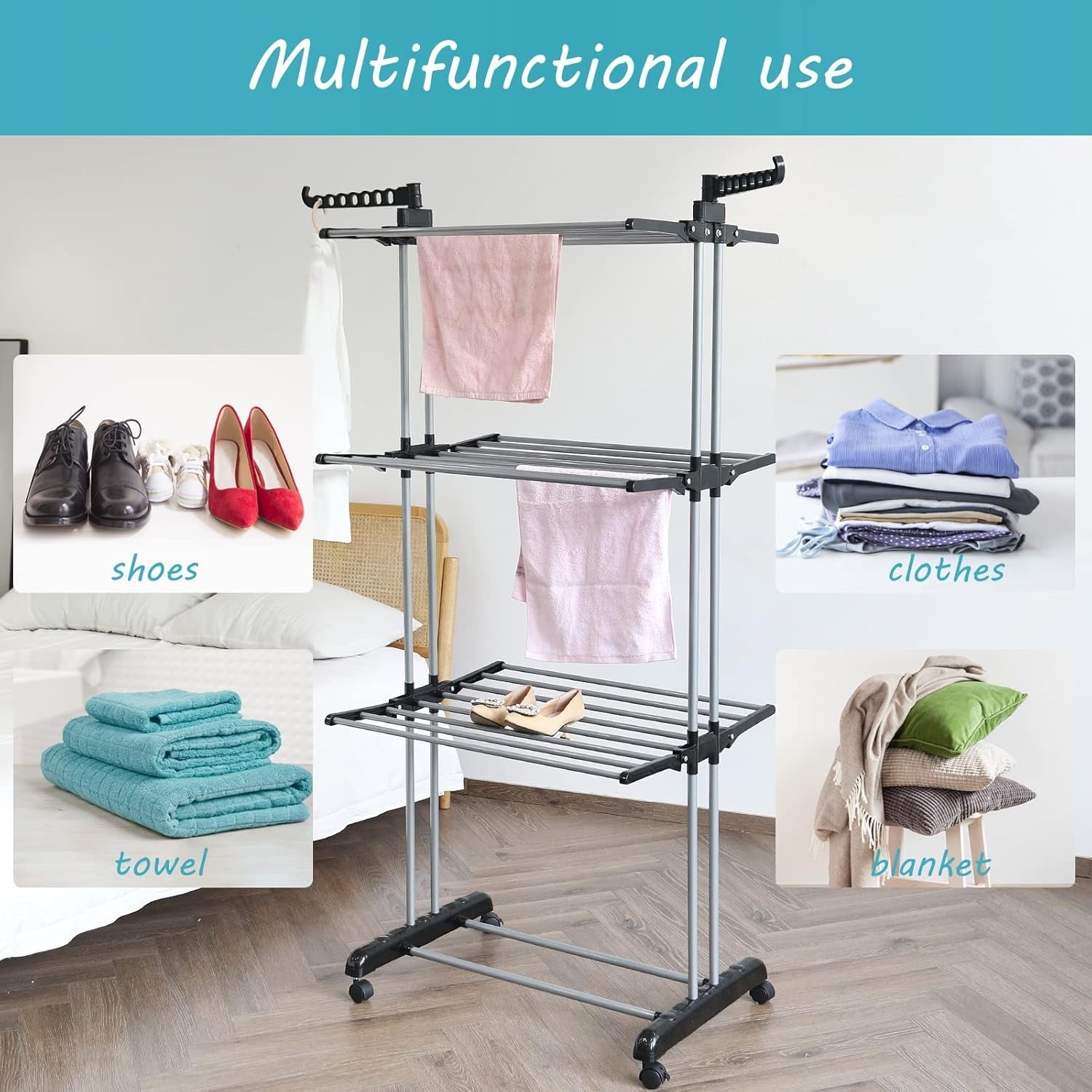 4 Tier Clothes Airer Folding Laundry Drying Rack with Wheels Heavy Duty Indoor