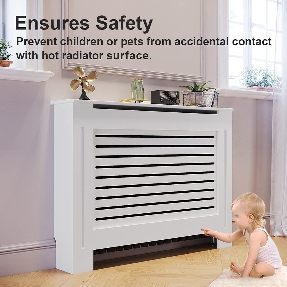 White Adjustable Radiator Cover Cabinet | MDF Horizontal Slat Shelf