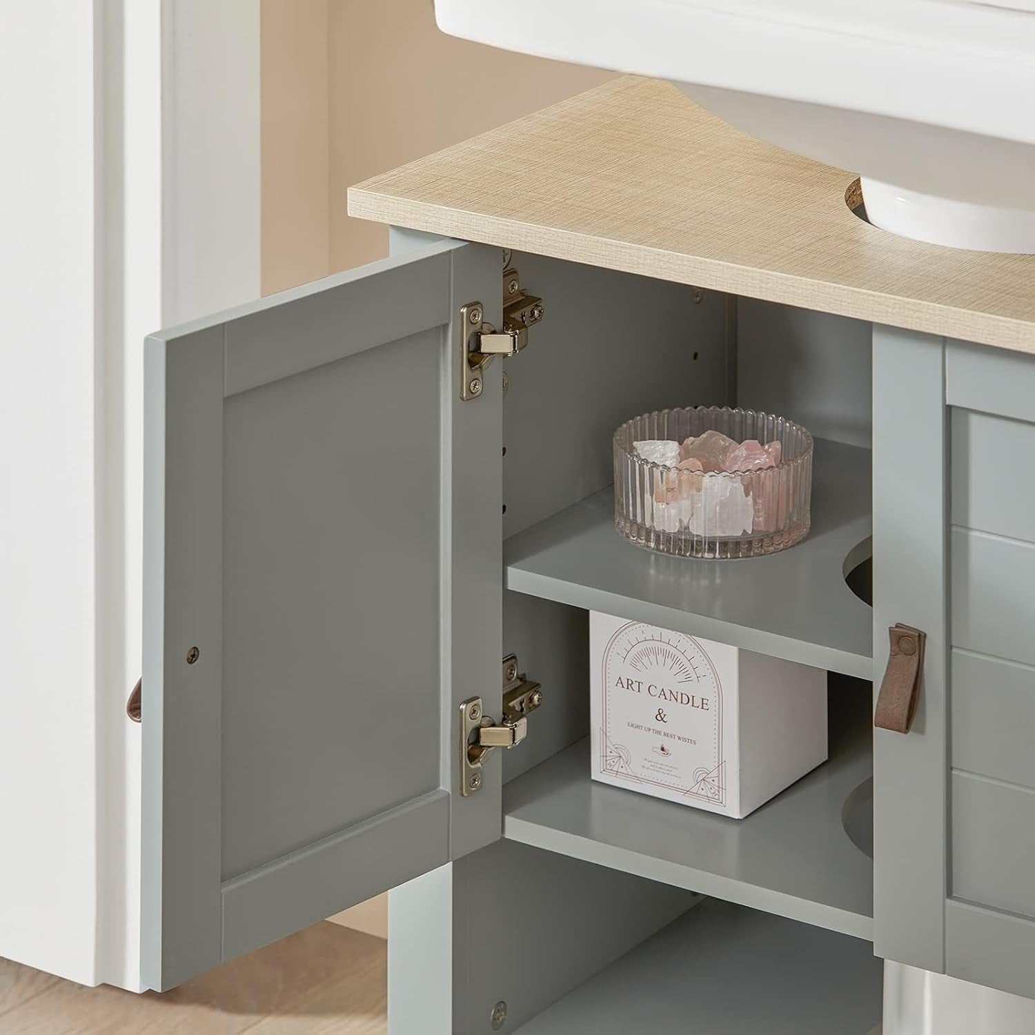 Light Grey Under Sink Bathroom Cabinet 2 Door Vanity Unit Shelf 60x60cm MDF