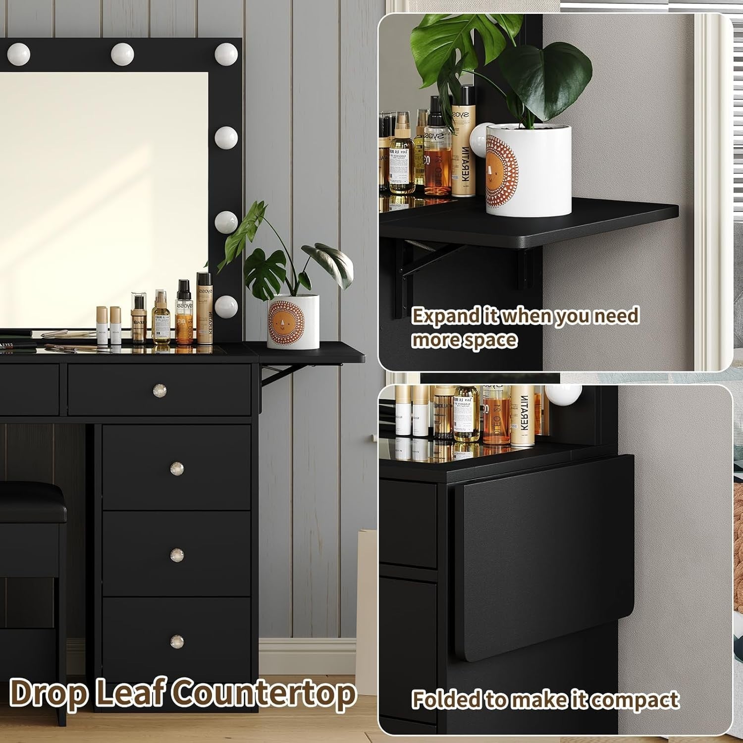 Black Makeup Vanity Desk Set, Hollywood Mirror, 9 Drawers, Lighted Dressing Tabl