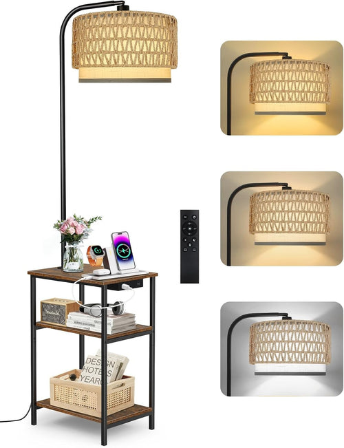 Floor Lamp with Table Rattan Shade Charging Station Dimmable LED Nightstand