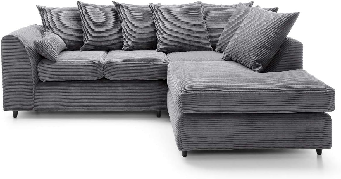 Grey Jumbo Cord Right Hand L Shaped Sofa | Deep Cushions | Durable Frame