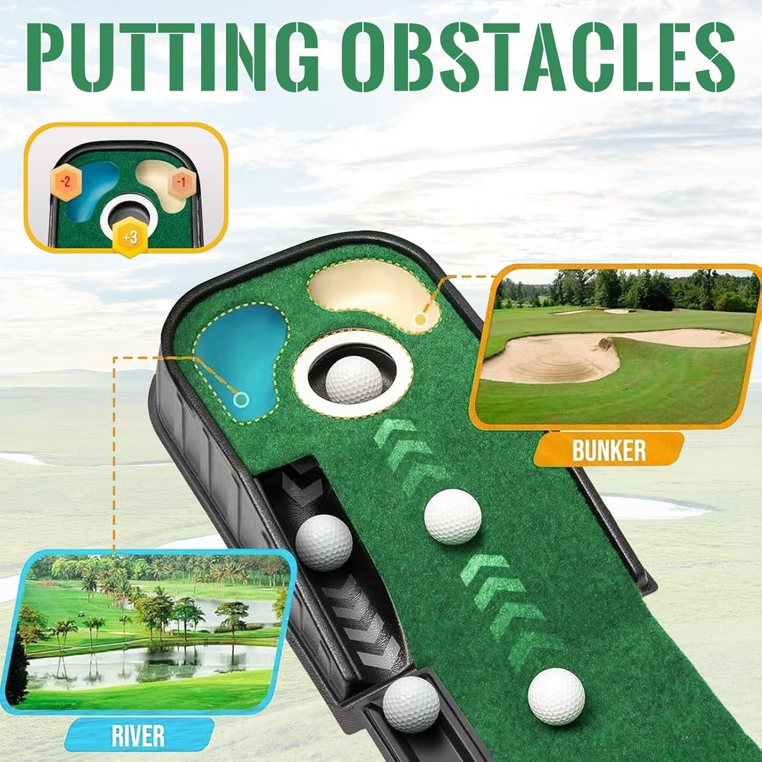 Golf Putting Mat Indoor Training Green Auto Ball Return 3 Holes