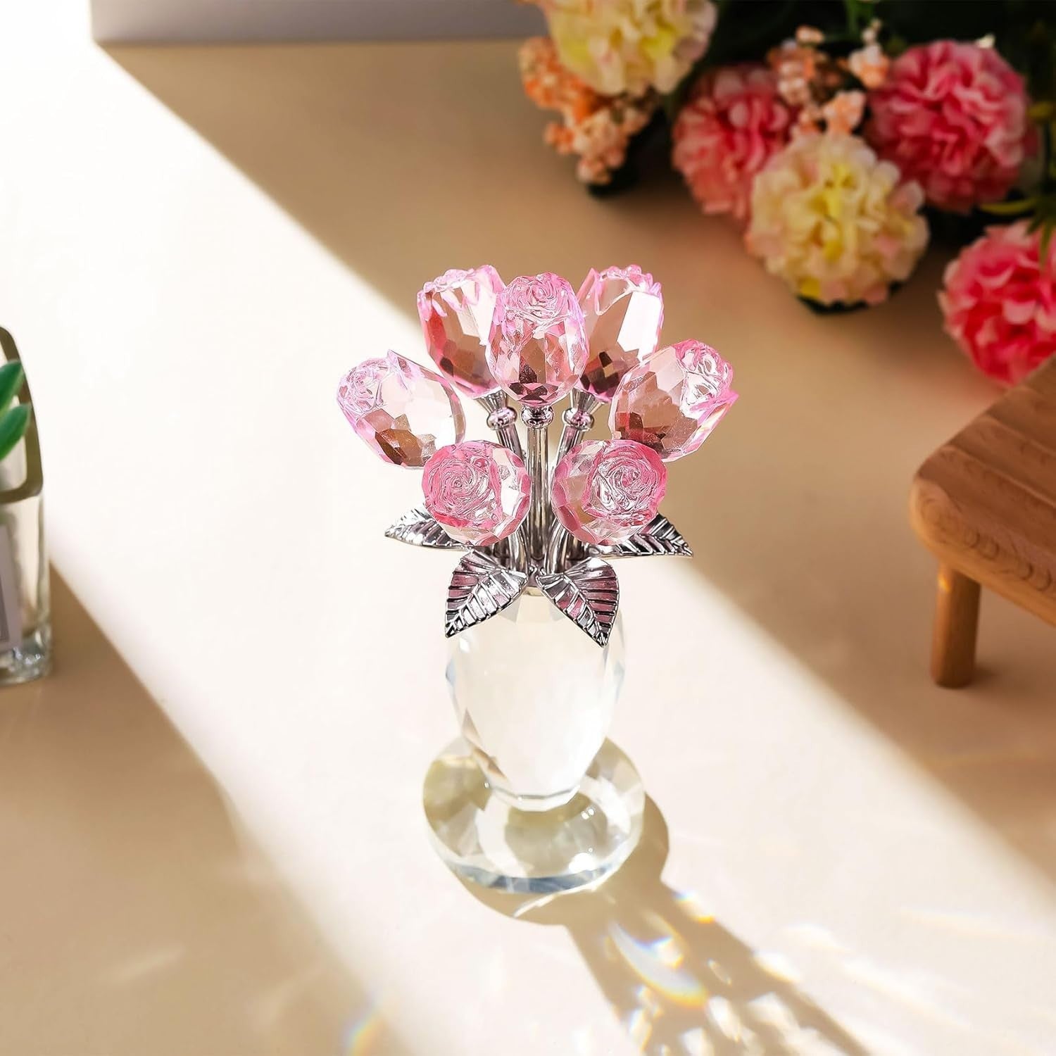 Pink Crystal Rose Bouquet Ornament Glass Flower Figurine Gift for Mum Wife Decor