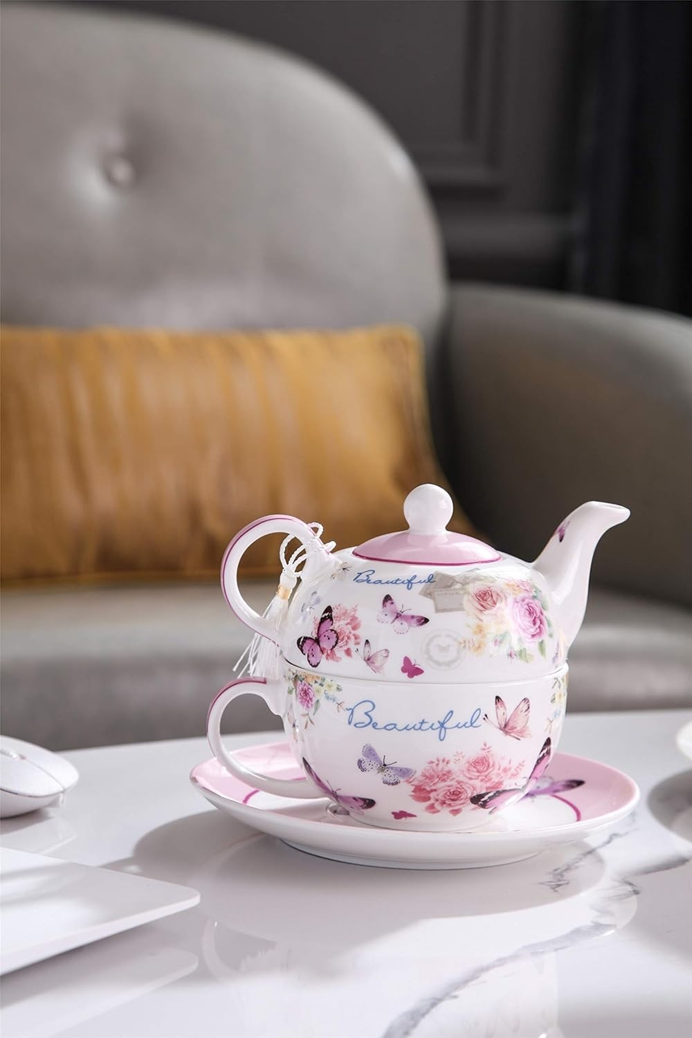 Tea for One Teapot Cup Saucer Set Butterfly Rose Porcelain Gift Box