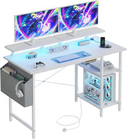 White LED Gaming Desk 120x50cm w/ Power Outlets & Dual Monitor Stands