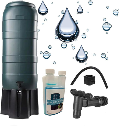 230L Water Butt with Tap, Diverter & Treatment Cleaner, Round, Green
