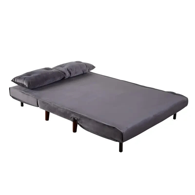 Grey Velvet Double Sofa Bed Chair with Pillows Folding Guest Sleeper