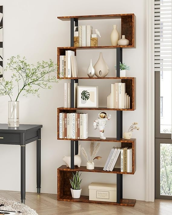 Tall S-Shaped 6-Tier Bookcase Modern Display Shelf Unit for Home Office Storage