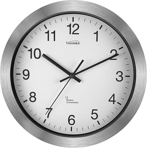 30cm Silver Radio Controlled Wall Clock Silent Quartz Easy-Read Modern Home