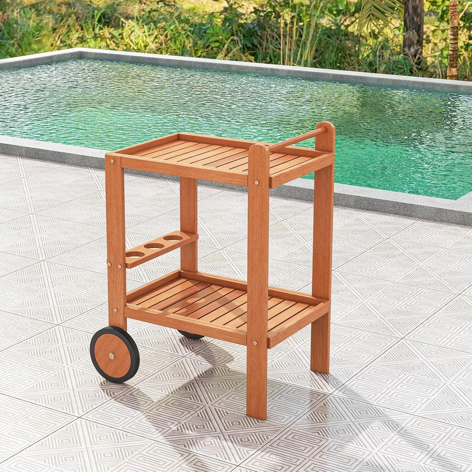 2 Tier Wooden Serving Trolley Bar Cart on Wheels with Wine Bottle Holders