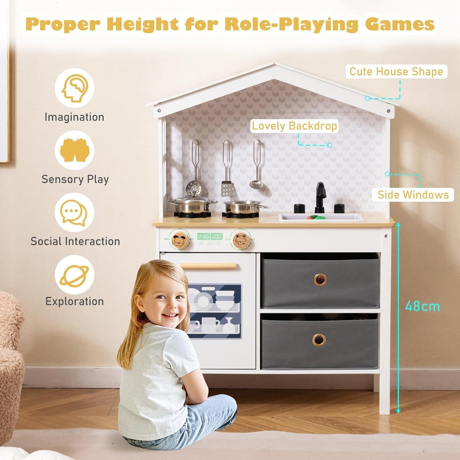Wooden Kids Play Kitchen White w/ Dishwasher Sink Pots Role Play