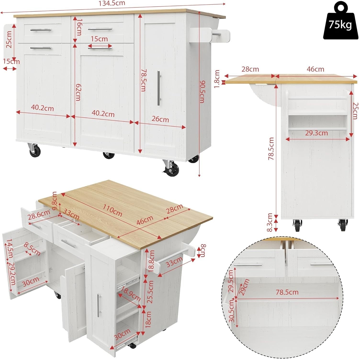 Rolling Kitchen Island Trolley with Drop Leaf, Storage, Drawers & Wheels White