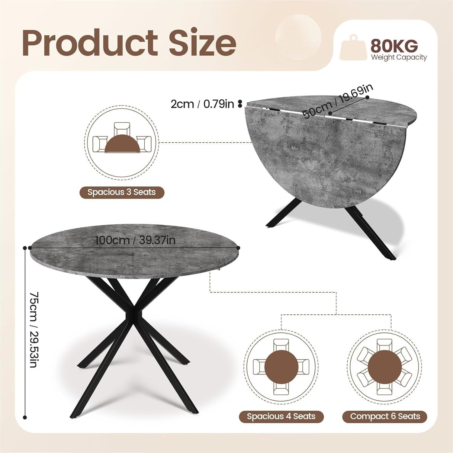 Folding Round Drop Leaf Dining Table Space-Saving Small Apartment Table