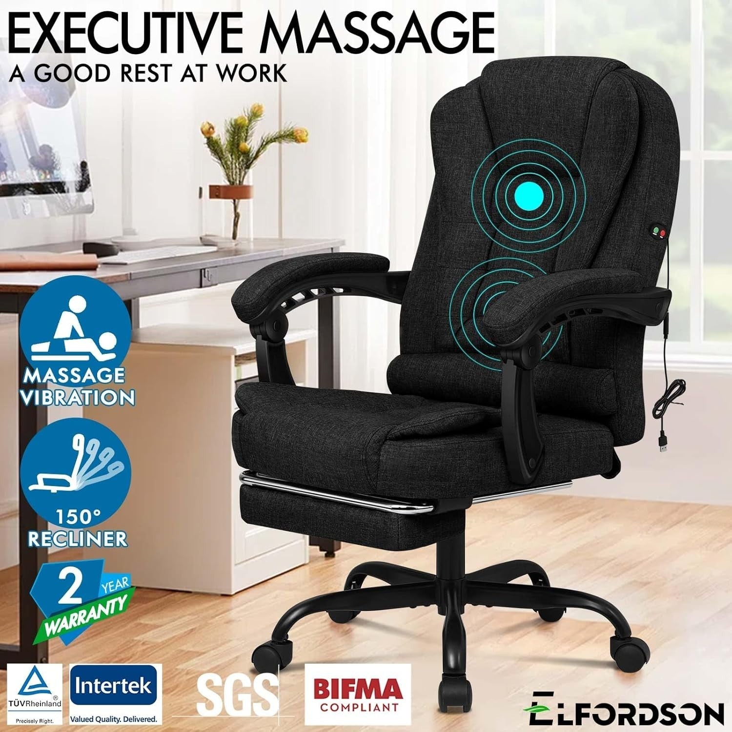 Executive Reclining Desk Chair 150° Massage Swivel Linen Ergonomic S-Curve