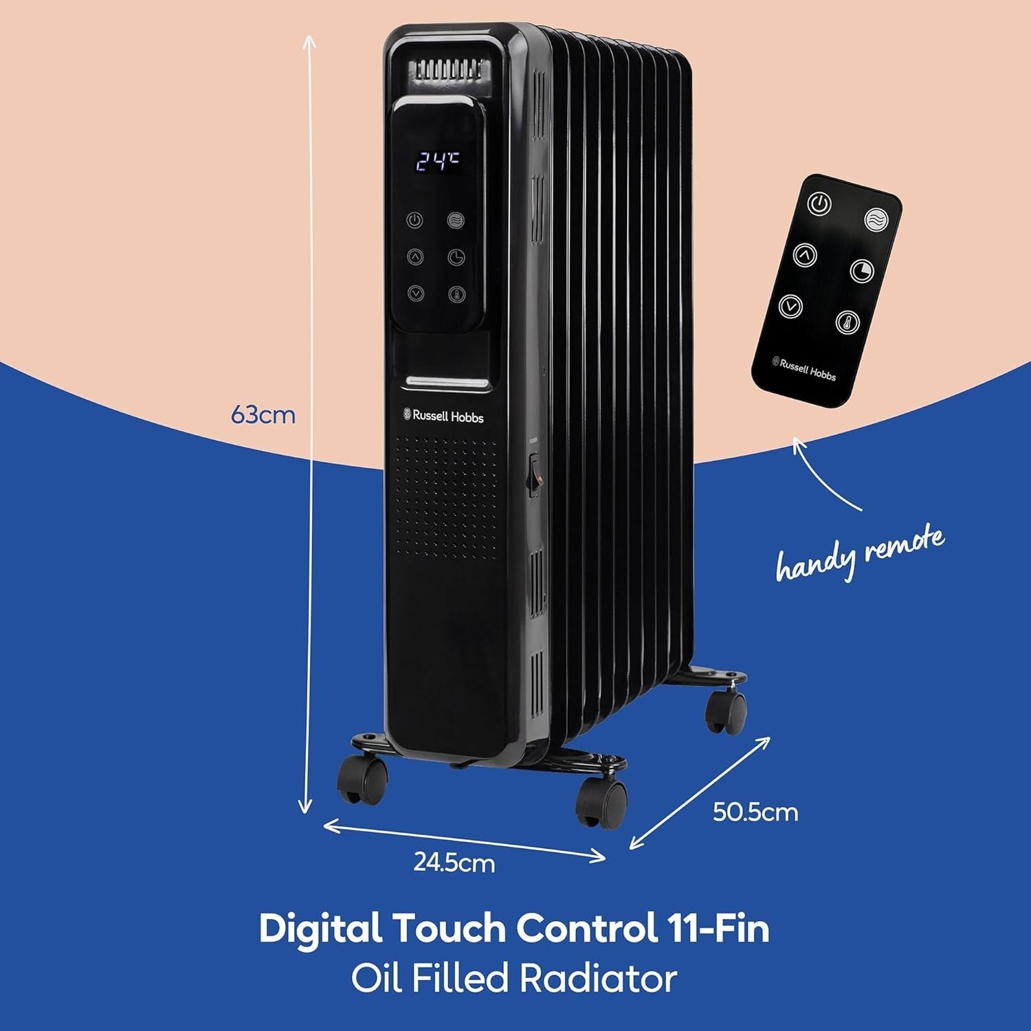 2500W Black Oil Filled Radiator 11 Fin Digital Remote Timer Heater