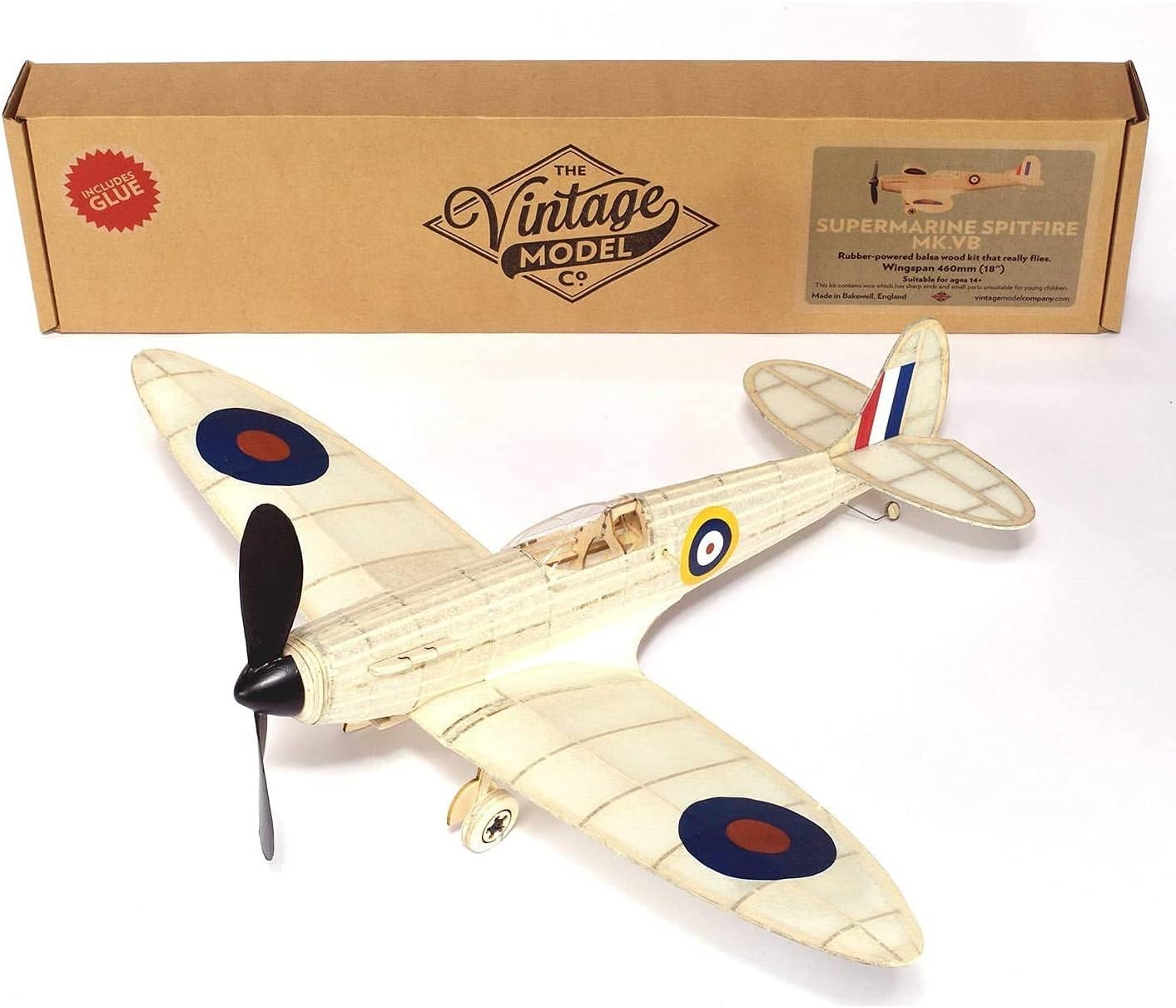 Vintage Rubber-Powered Spitfire Model Plane Kit – Balsa Wood, 460mm Wingspan