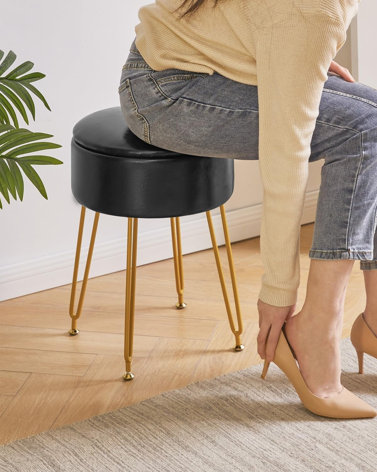 Black Faux Leather Round Stool with Storage – Vanity Seat & Footrest