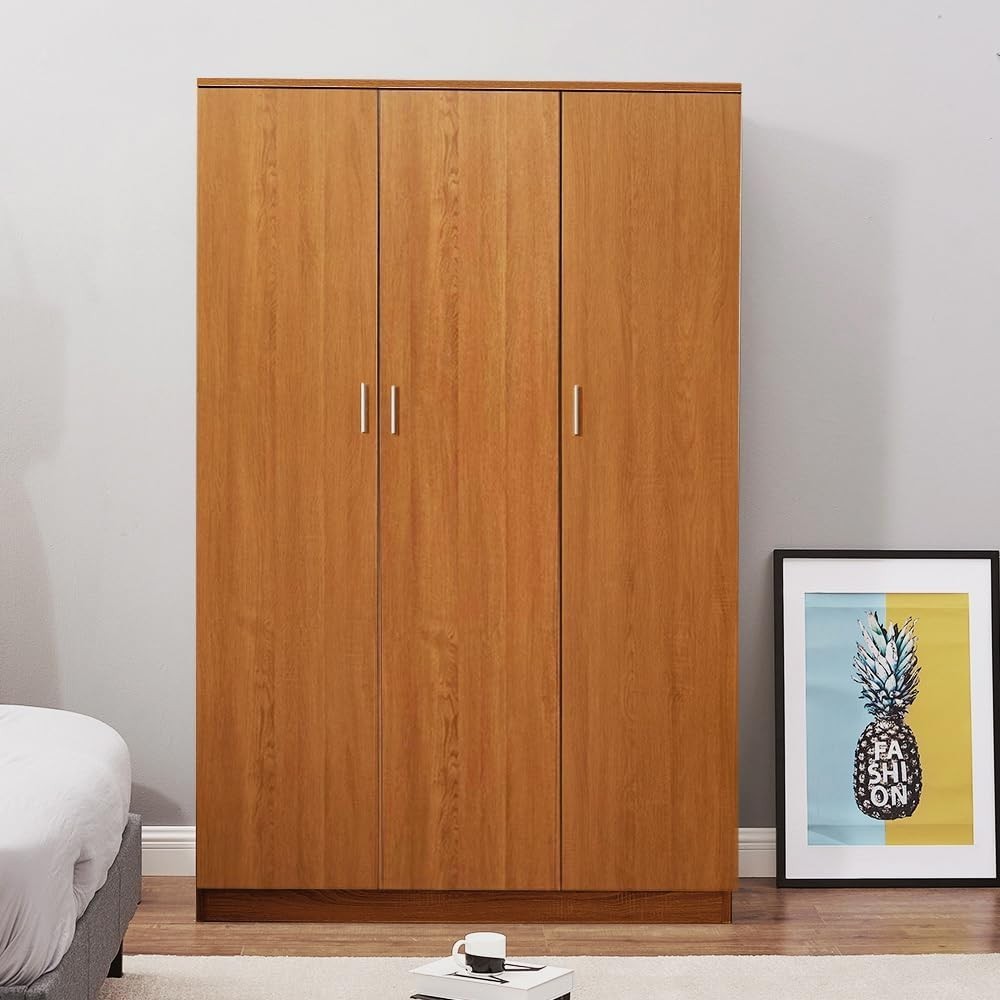 Solid Pine 3 Door Wardrobe with Hanging Rail & Foldable Storage Shelves