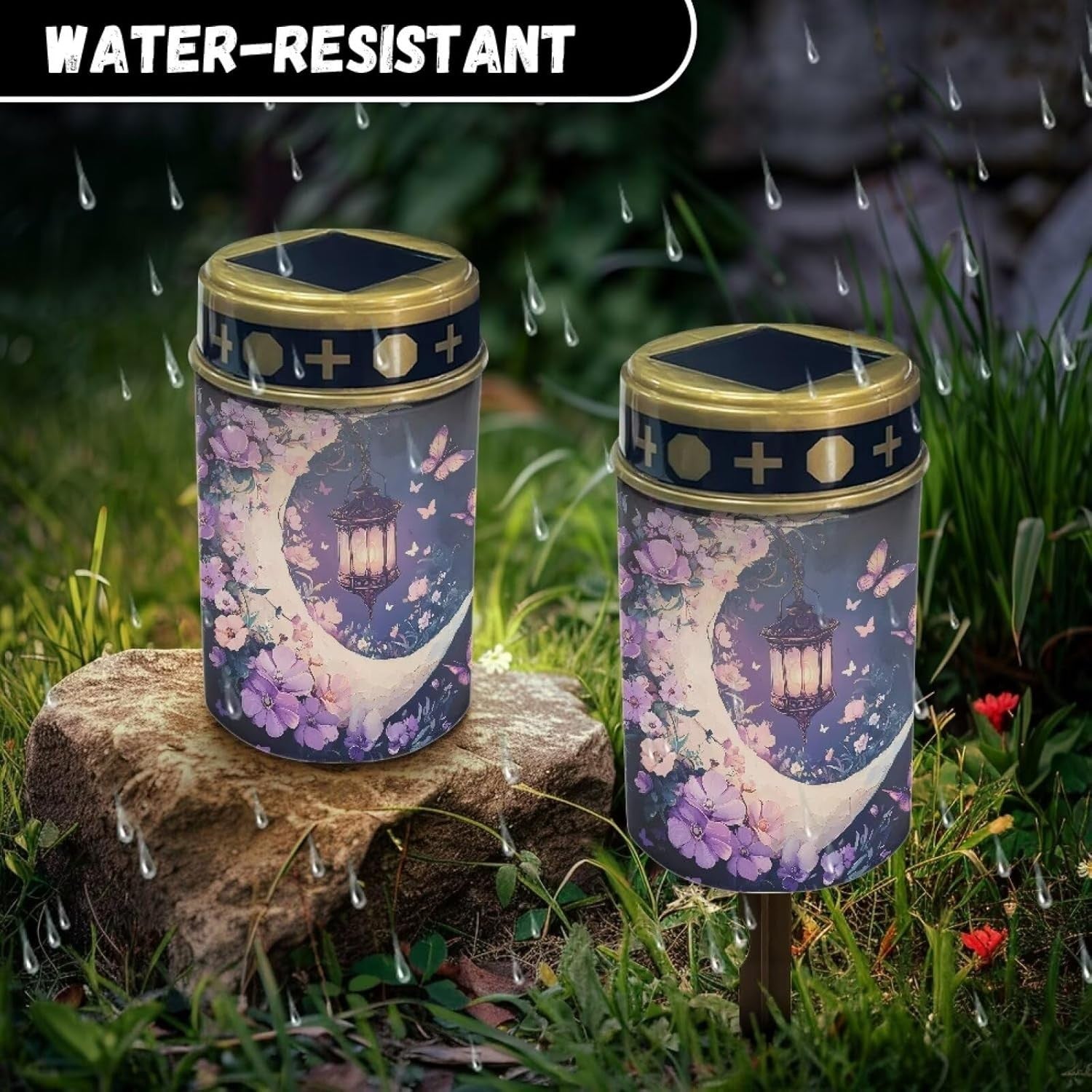 Moon Solar Cemetery Lights Purple Floral Grave Lanterns 8 Sets