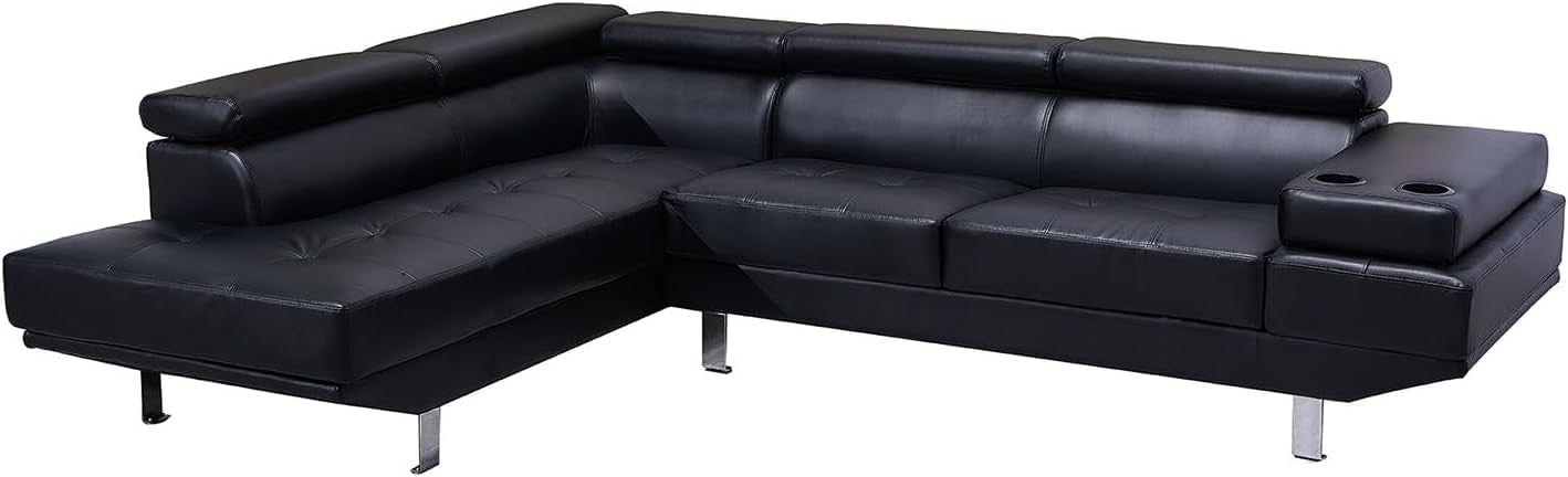 Adjustable Headrest Black Bonded Leather L-Shape Corner Sofa with Cup Holders