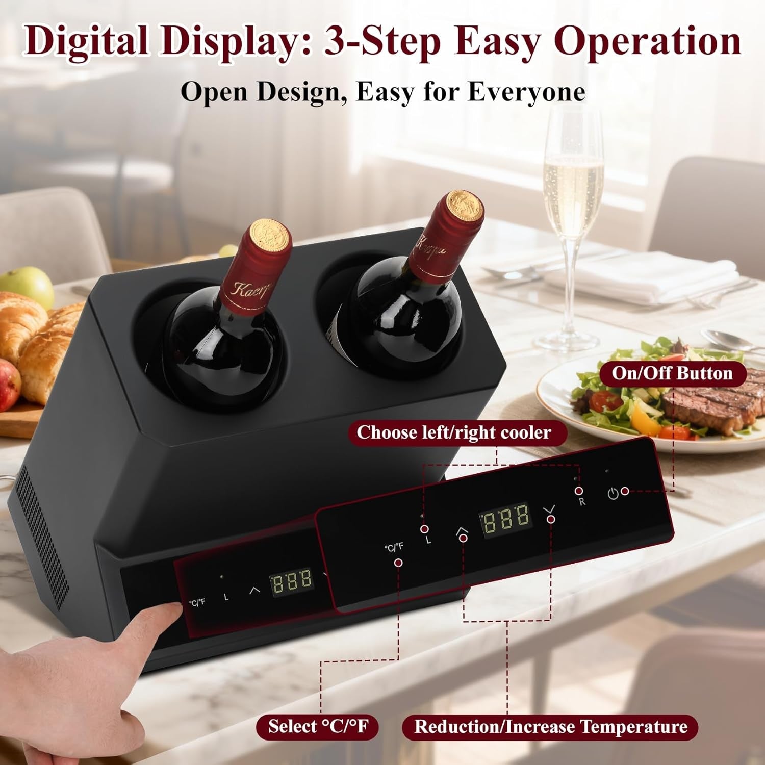 Electric Wine Chiller Dual Bottle Cooler Touch Control 24H Iceless Cooling