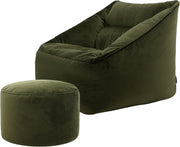 Large Olive Green Velvet Bean Bag Chair with Pouffe, Soft Filling & Support