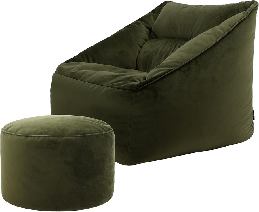Large Olive Green Velvet Bean Bag Chair with Pouffe, Soft Filling & Support