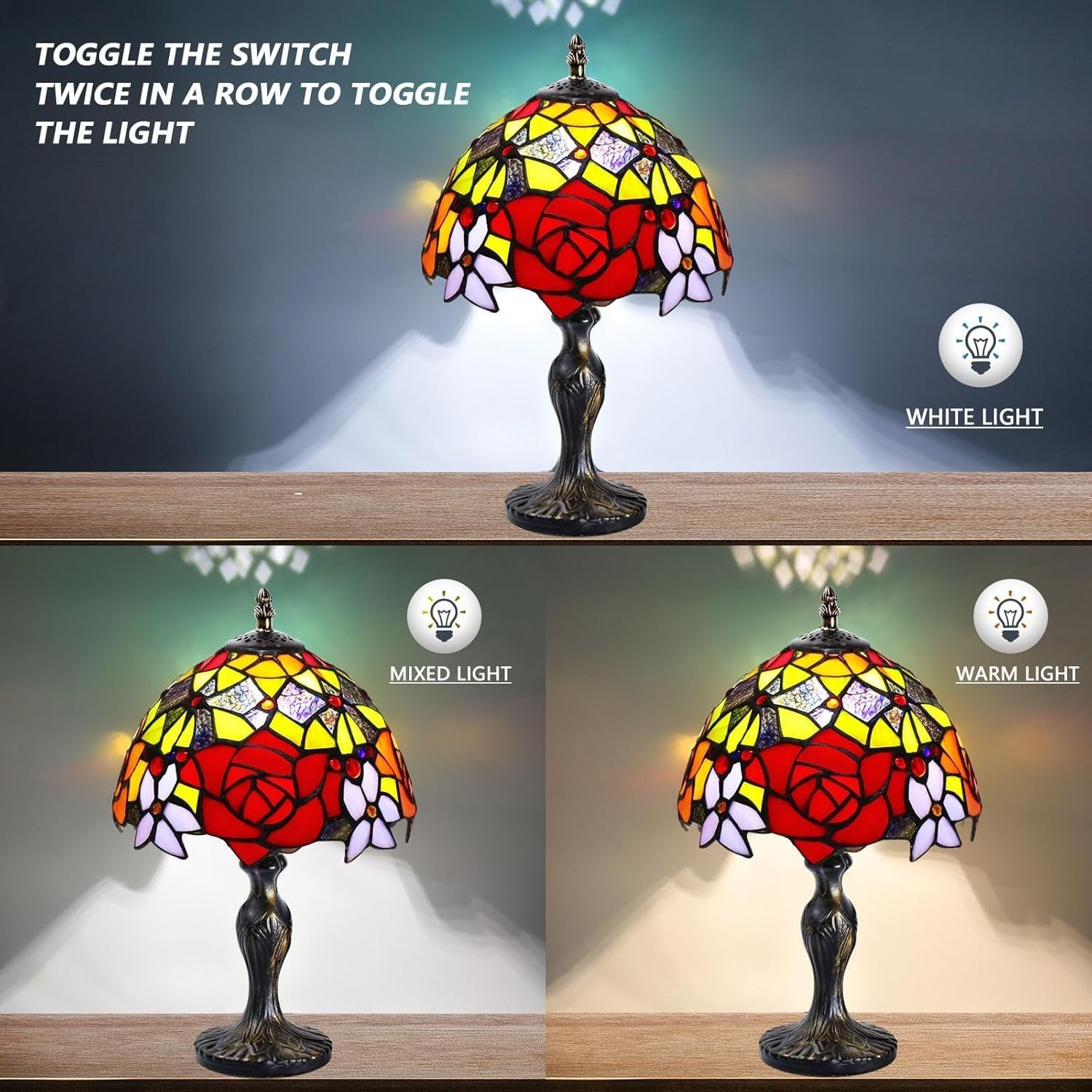 Vintage Stained Glass Table Lamp Handmade Peony Shade for Bedroom