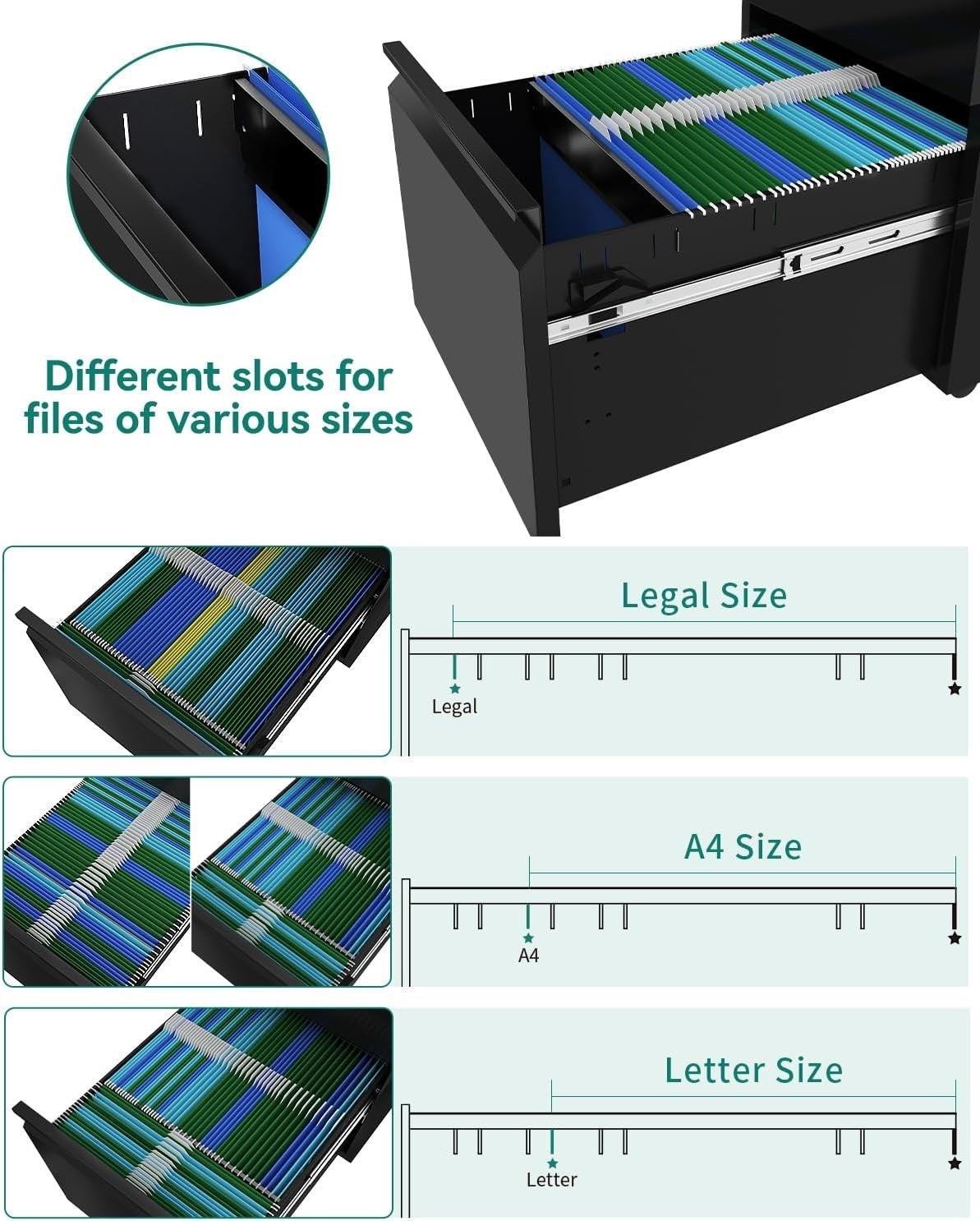 Black Mobile Filing Cabinet 2 Drawer Locking Metal Office Storage 71cm