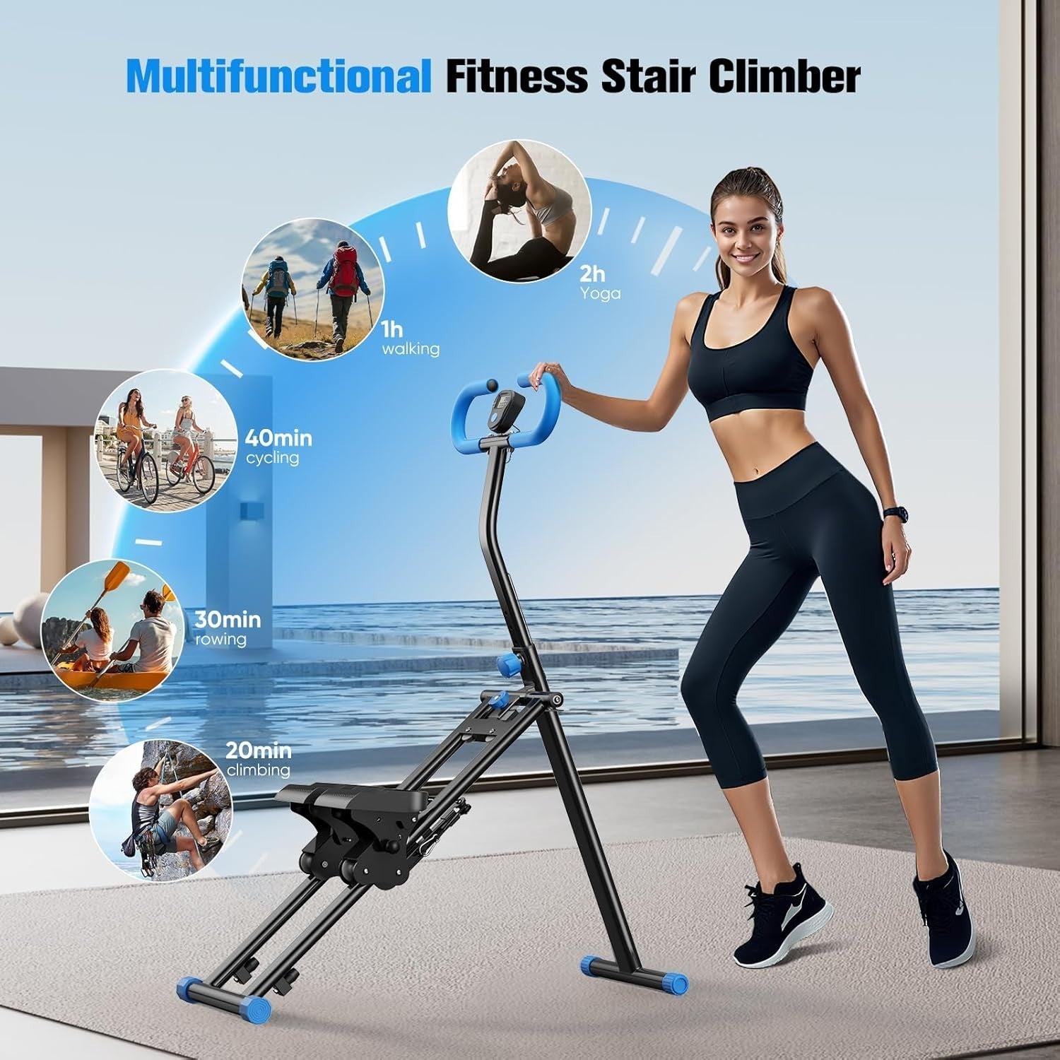 Foldable Stair Stepper Machine w/ LCD Monitor, Adjustable Pedals 150kg Capacity