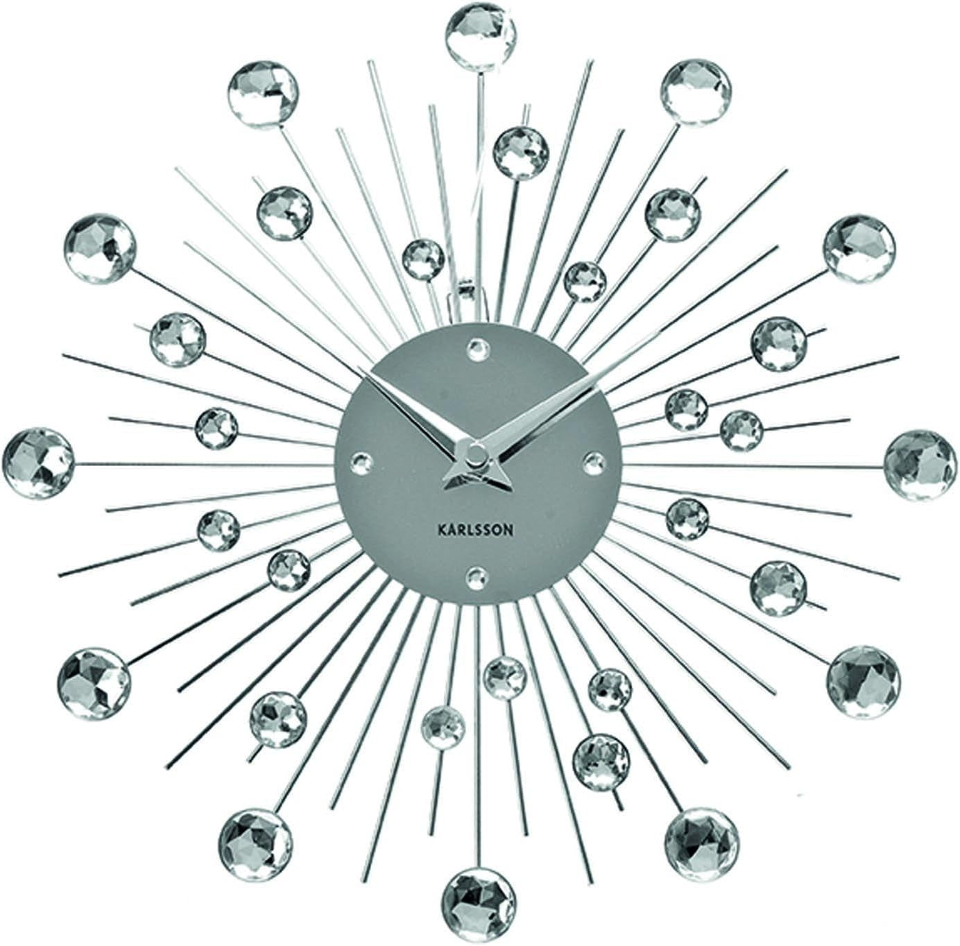 Modern Crystal Sunburst Wall Clock – Large Decorative Silver Silent Quartz