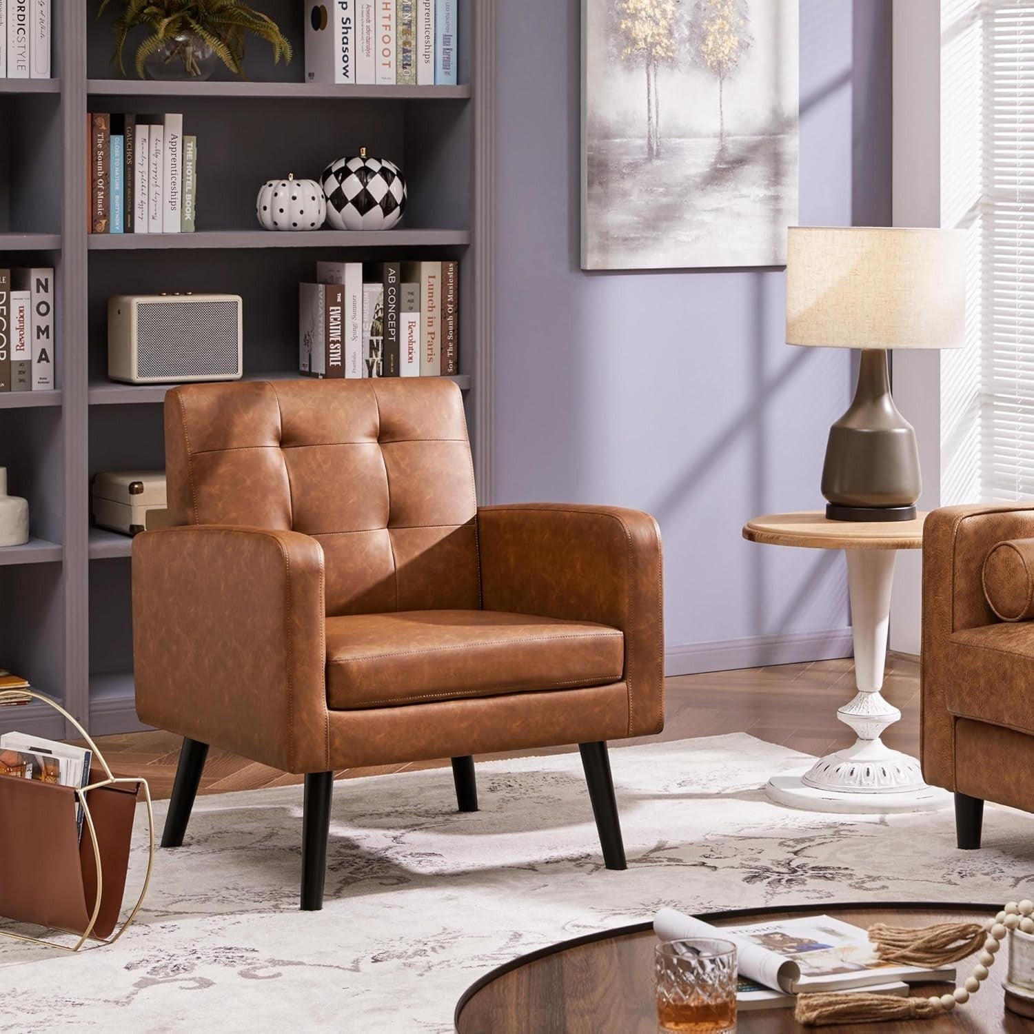 Retro Brown Tufted Accent Chair Mid Century Armchair for Lounge or Bedroom