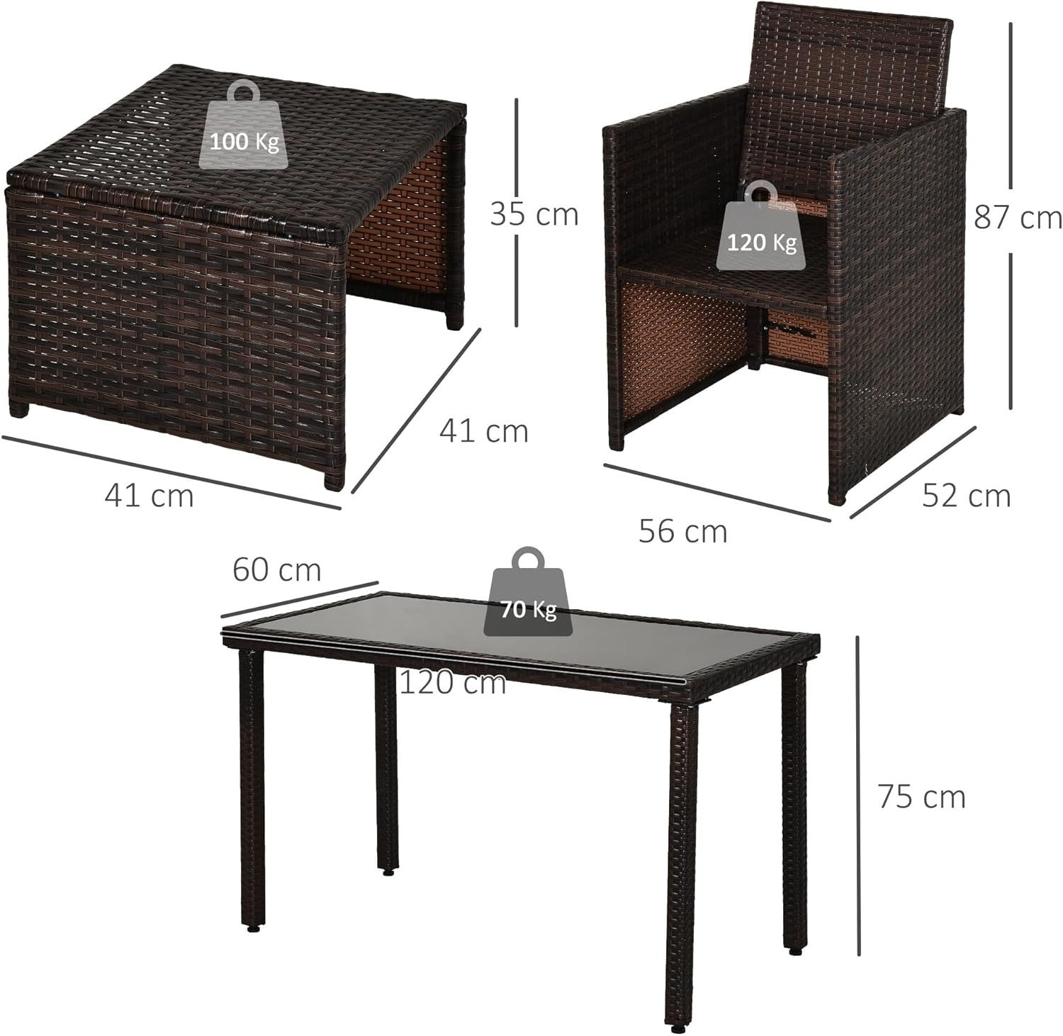 Space Saving Rattan Dining Set 4PC Cube Chairs Glass Table Patio Balcony
