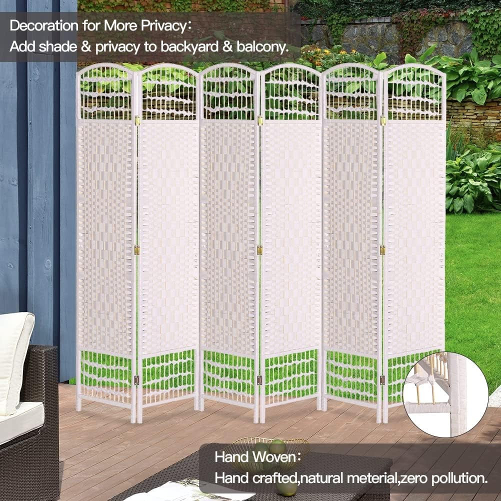 White 6 Panel Wicker Folding Room Divider Handwoven Privacy Screen