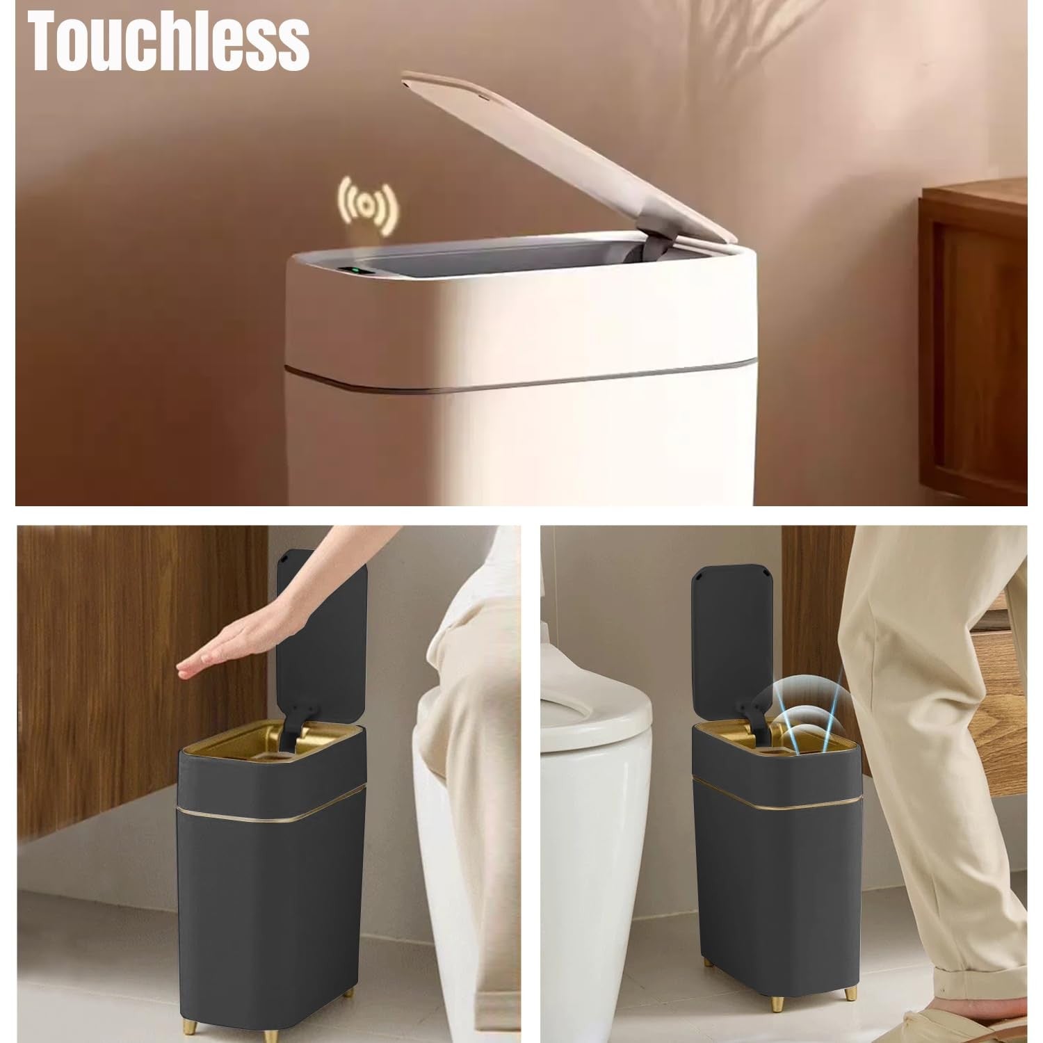 2 Pack Touchless Motion Sensor Trash Can Slim 2.3 Gal Black