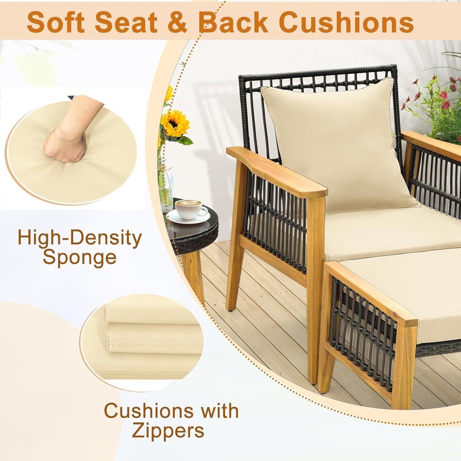 5 Piece Rattan Garden Sofa Set with Chairs Ottomans Glass Table Patio